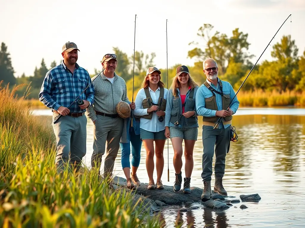 A scenic image of a group of SCT members enjoying a leisurely fishing trip, surrounded by nature and camaraderie.