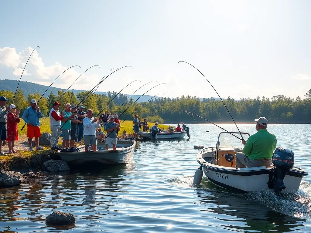 A vibrant image capturing the excitement of a competitive fishing tournament organized by SCT, with anglers casting their lines and spectators cheering on.
