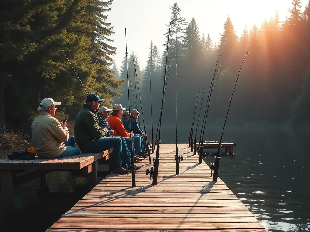 A scenic image of a group of SCT members participating in a guided fishing trip, with lush greenery and calm waters. The atmosphere is relaxed and enjoyable, highlighting the social aspect of the club.