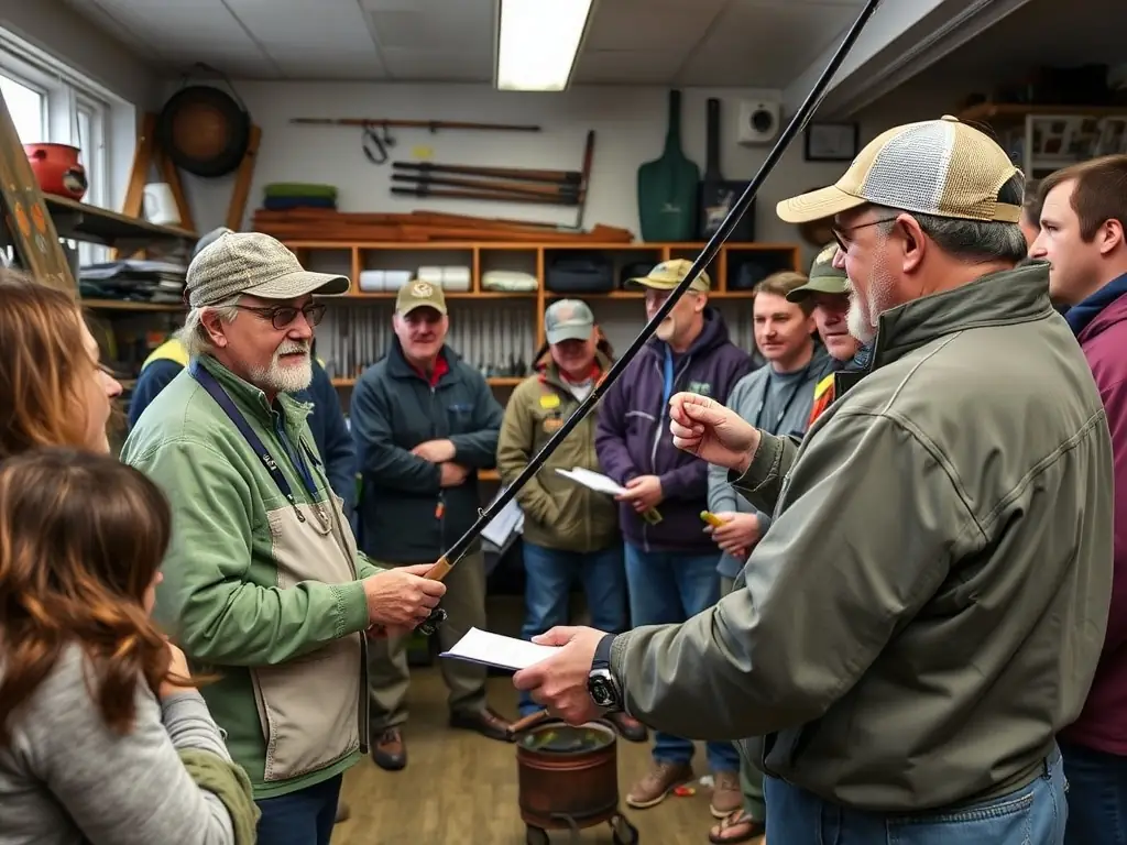 A photograph of a fishing workshop in progress, with an instructor demonstrating techniques to a group of attentive participants. The setting is outdoors, near a river, emphasizing hands-on learning and practical application.