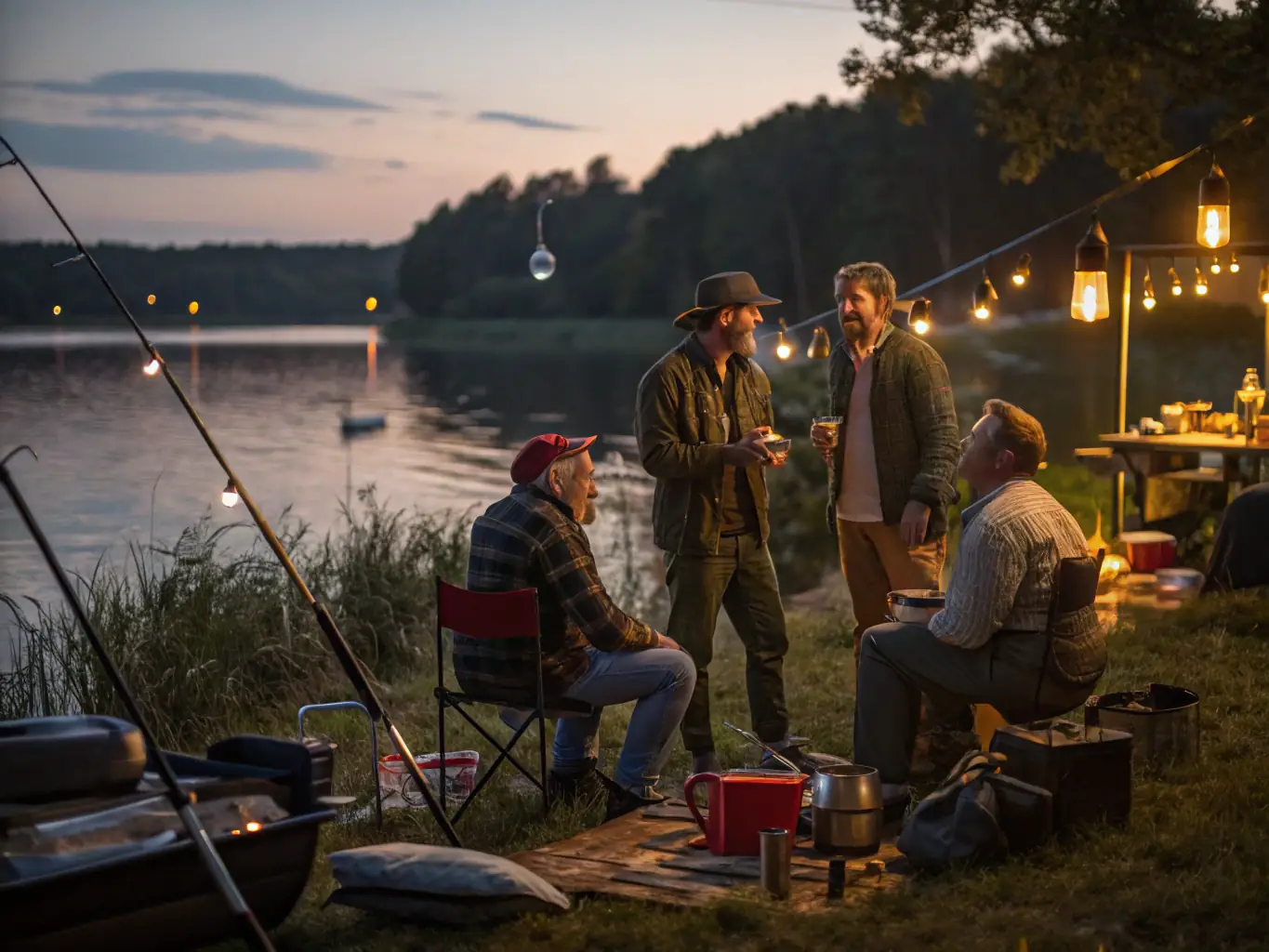 A dynamic image showcasing a group of anglers participating in a competitive fishing tournament, with clear blue skies and a serene lake in the background. The anglers are focused and determined, reflecting the spirit of competition and camaraderie.